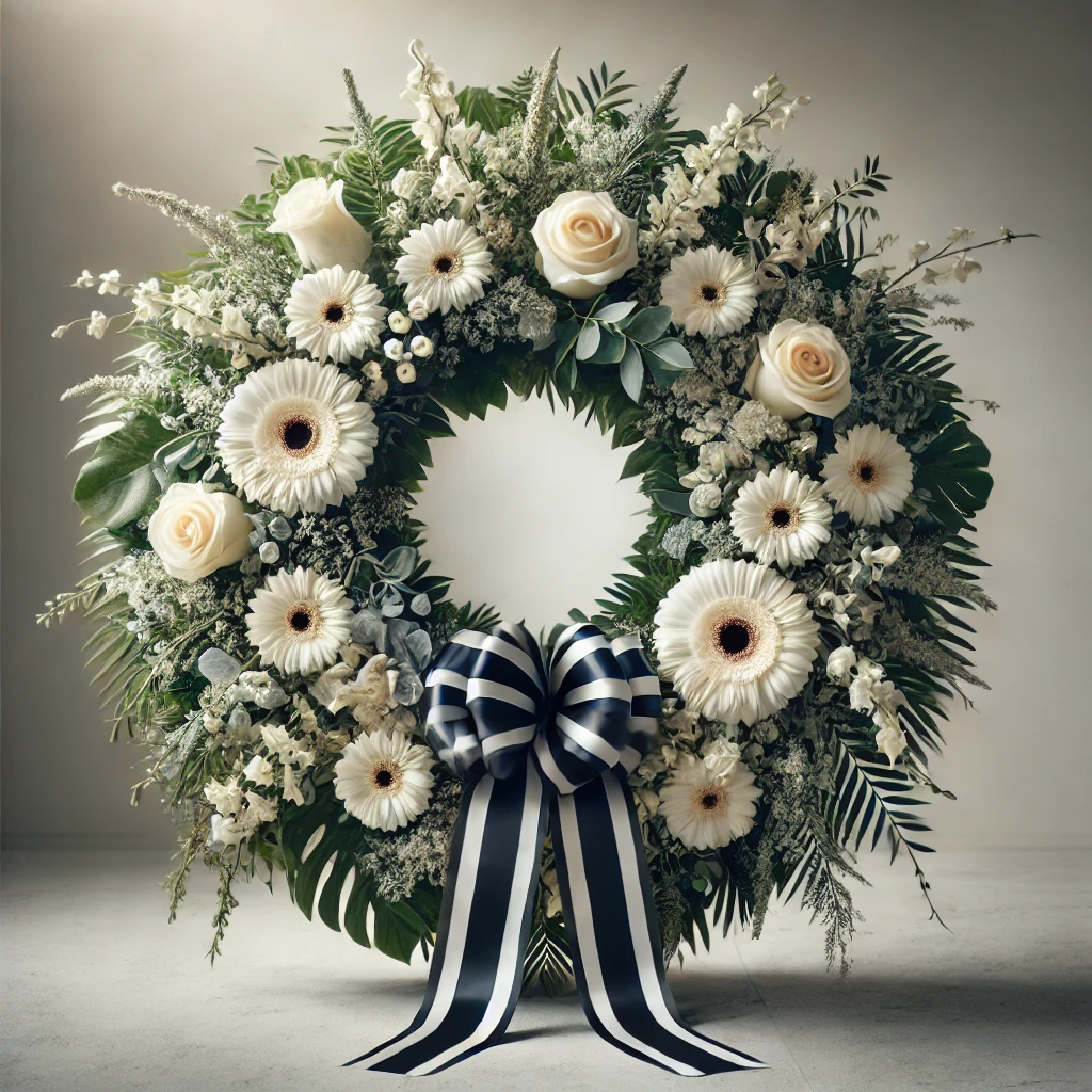 Elegant White Funeral Wreath – Gerberas & Roses