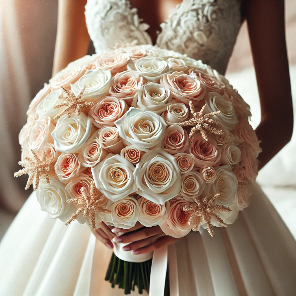 Elegant Bridal Bouquet – Ivory & Blush Roses with Starfish Accents